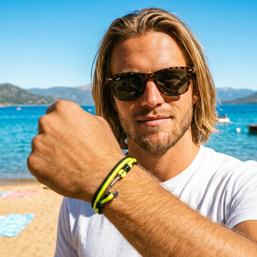 Man on a beach wearing sunglasses and a white shirt with a colorful bracelet.