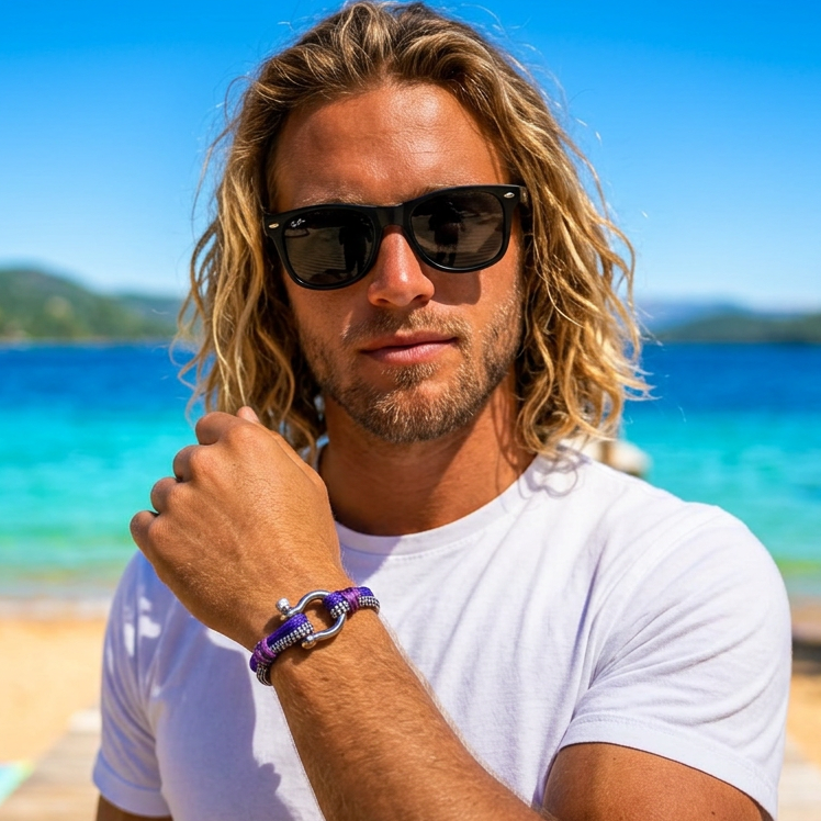 The Zebra Gin & Juice - Zebra and Neon Purple Paracord Bracelet with Polished Stainless D-Shackle w/ Crown