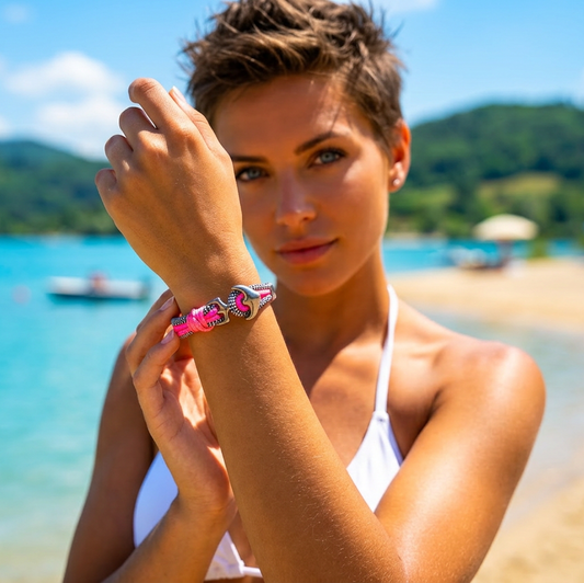 Woman on a beach wearing a pink bracelet with a mountainous background