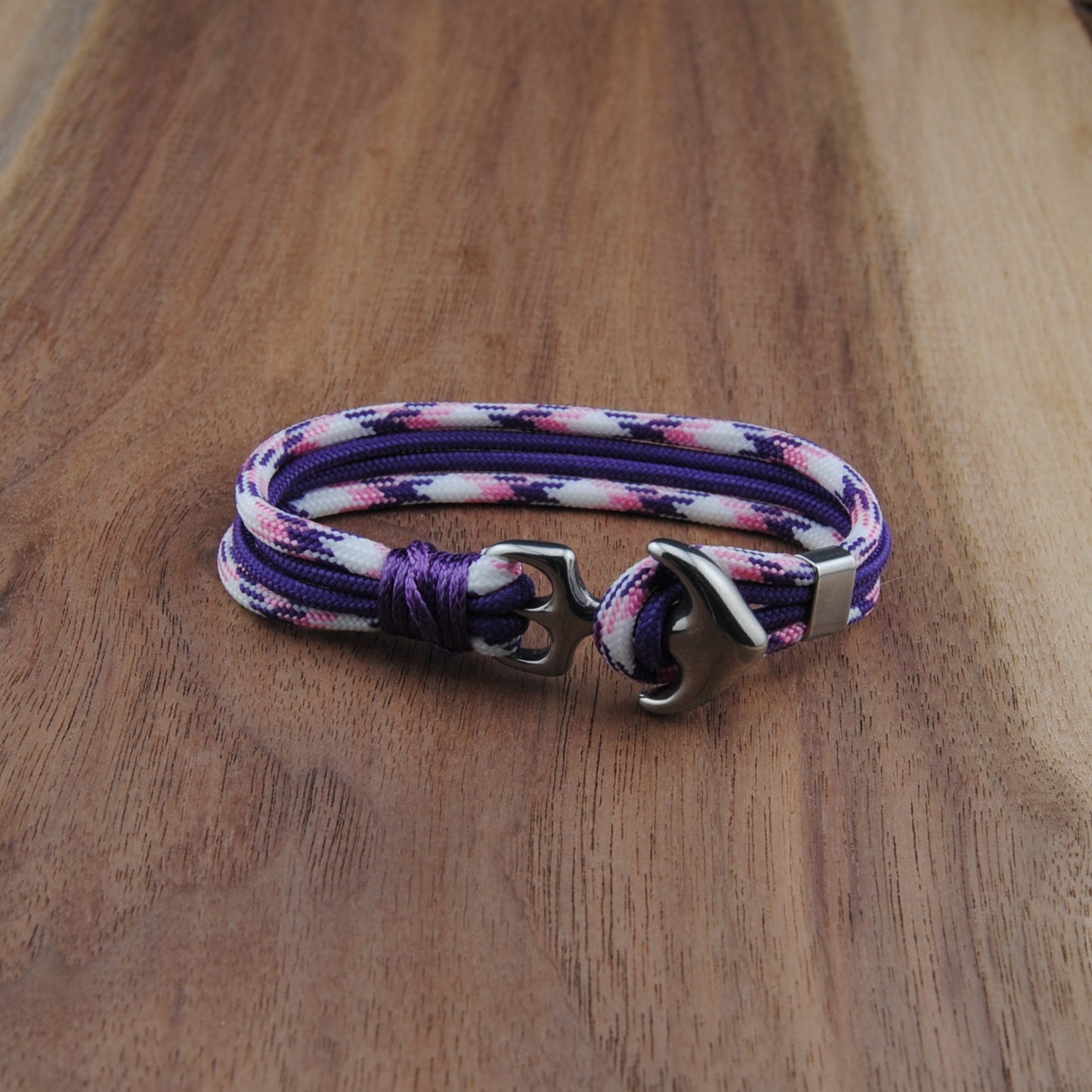 The Aloha Mr. Hand Purple Stripe Anchor - Purple, Pink, and White Pattern with Purple Paracord Bracelet with Stainless Anchor Clasp