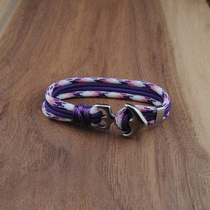 The Aloha Mr. Hand Purple Stripe Anchor - Purple, Pink, and White Pattern with Purple Paracord Bracelet with Stainless Anchor Clasp