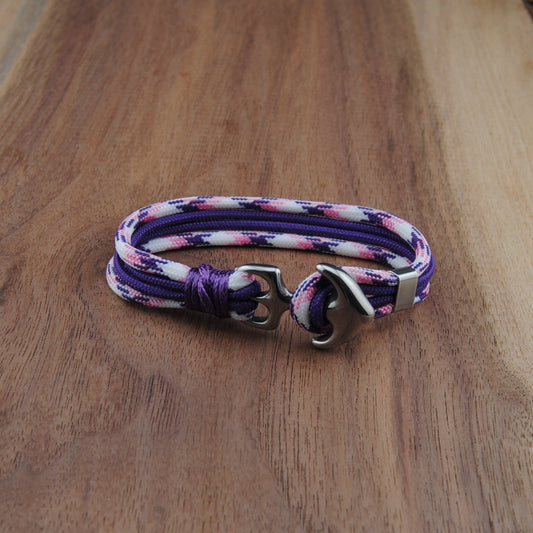 The Aloha Mr. Hand Purple Stripe Anchor - Purple, Pink, and White Pattern with Purple Paracord Bracelet with Stainless Anchor Clasp