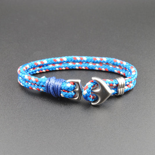 The Big Kahuna - Blue/White/Red 3/16 inch Rope Bracelet with Stainless Anchor Clasp
