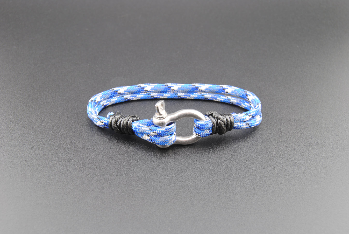 The Blue Camo - Blue w/ White/Black Paracord Bracelet with Stainless D-Shackle