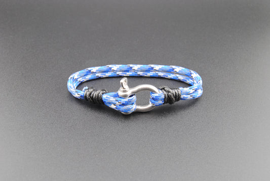 The Blue Camo - Blue w/ White/Black Paracord Bracelet with Stainless D-Shackle