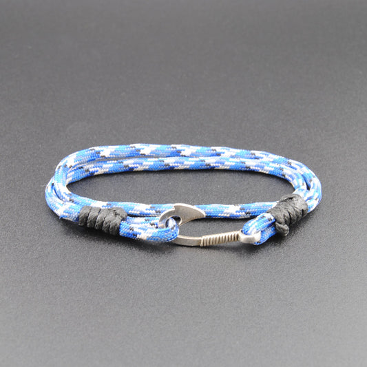 The Blue Camo- Blue w/ White/Black Paracord Double Wrap Bracelet with Hook Closure
