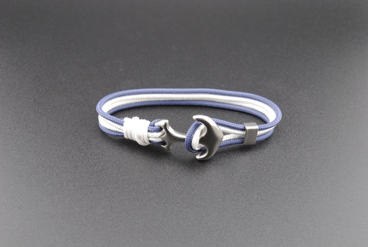 The Blue Devil - Navy Blue and White Paracord Bracelet with Stainless Anchor Clasp