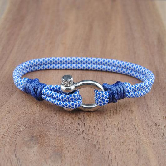 The Blue Diamonds - White with Blue Diamond Paracord Bracelet with Polished Stainless D-Shackle w/ Crown