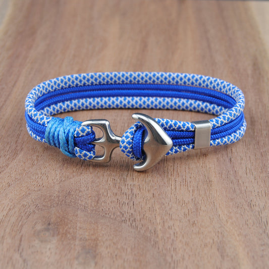 The Blue Diamond Stripe Anchor- White and Blue Diamond Paracord Bracelet with Stainless Anchor Clasp