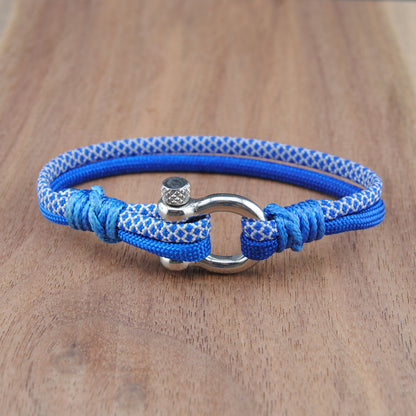 The Blue Diamonds Stripe - White with Blue Diamond and Blue Paracord Bracelet with Polished Stainless D-Shackle w/ Crown