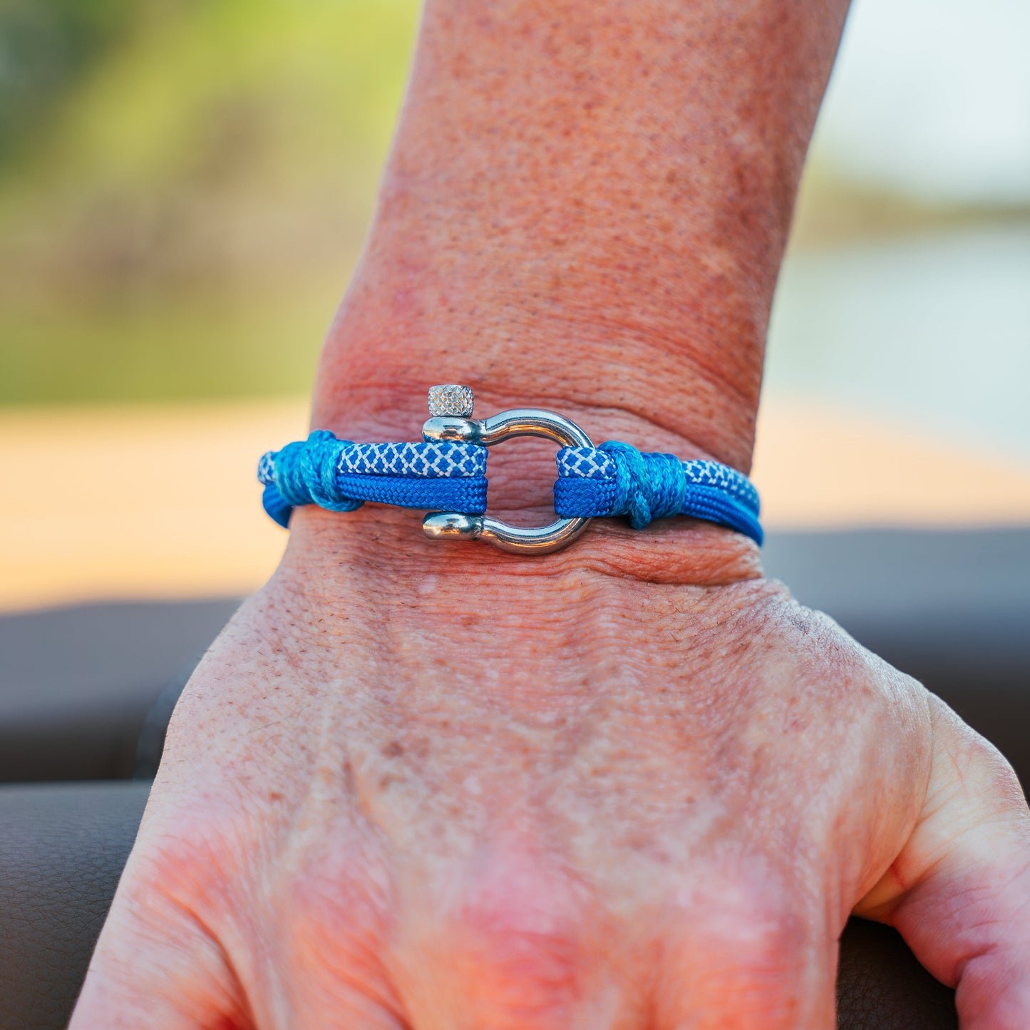 The Blue Diamonds Stripe - White with Blue Diamond and Blue Paracord Bracelet with Polished Stainless D-Shackle w/ Crown