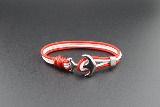 The Boomer Sooner - Red and White Paracord Bracelet with Stainless Anchor Clasp