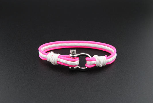 The Claire - Pink and White Paracord Bracelet with Polished Stainless D-Shackle w/ Crown