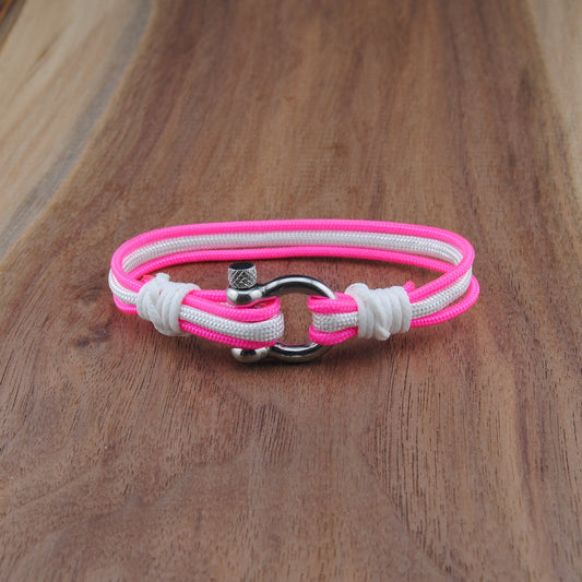 The Claire - Pink and White Paracord Bracelet with Polished Stainless D-Shackle w/ Crown