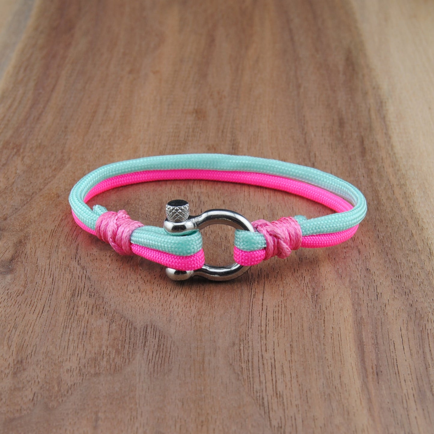 The Crockett - Miami Vice Pink and Mint Paracord Bracelet with Polished Stainless D-Shackle w/ Crown