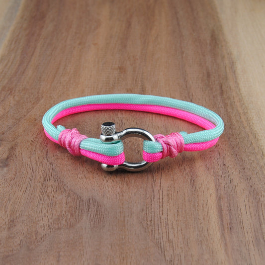 The Crockett - Miami Vice Pink and Mint Paracord Bracelet with Polished Stainless D-Shackle w/ Crown
