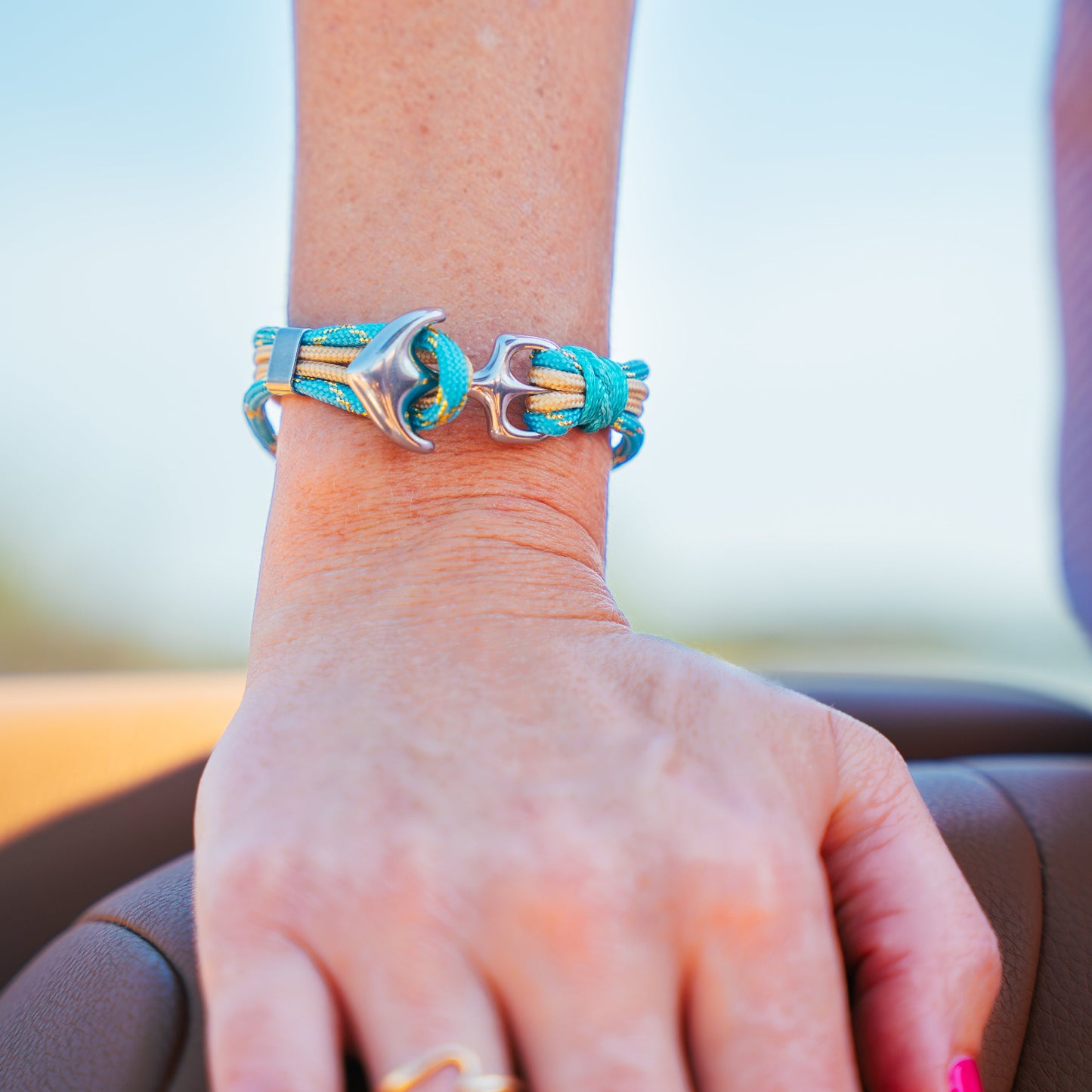 The Dawn Breaker Stripe - Turquoise/Metallic Gold and Gold Paracord Bracelet with Stainless Anchor Clasp