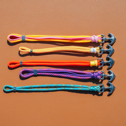 Set of colorful paracord bracelets on a brown leather surface
