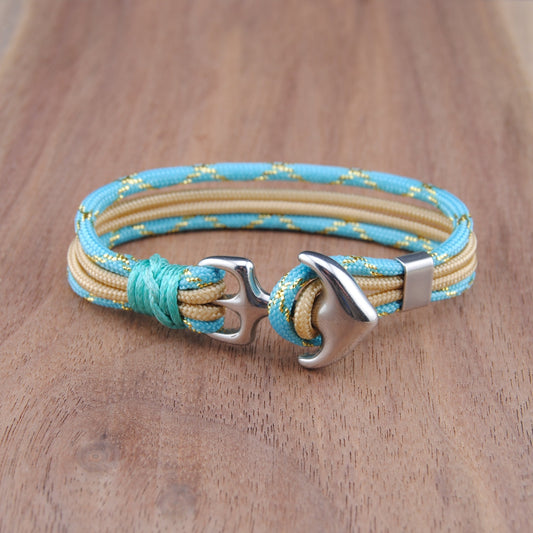 The Dawn Breaker Stripe - Turquoise/Metallic Gold and Gold Paracord Bracelet with Stainless Anchor Clasp