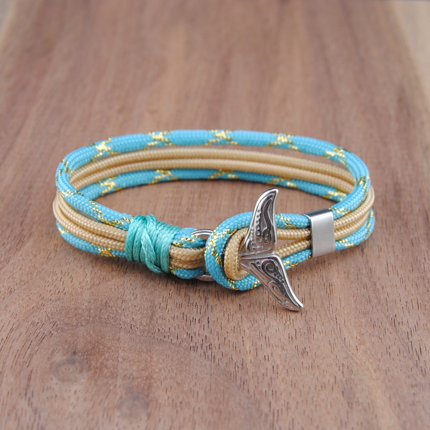 The Dawn Breaker Stipe - Turquoise/Metallic Gold and Gold Paracord Bracelet with Stainless Fishtail Clasp