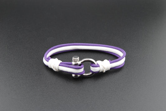 The Gin and Juice - Purple and White Paracord Bracelet with Polished Stainless D-Shackle w/ Crown