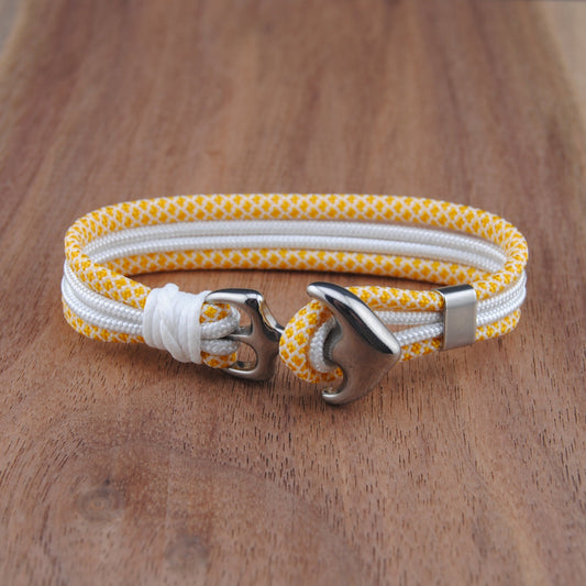 The Gold Coast Stripe- White and Yellow Diamond Paracord Bracelet with Stainless Anchor Clasp