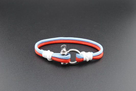 The Hotty Toddy! - Light Blue and Red Paracord Bracelet with Stainless D-Shackle
