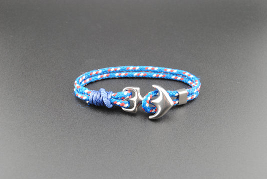 The Kahuna - Blue/White/Red 1/8 inch Rope Bracelet with Stainless Anchor Clasp