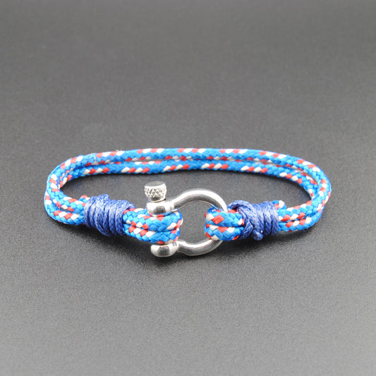 The Kahuna - Blue/White/Red 1/8 inch Rope Bracelet with Polished Stainless D-Shackle w/ Crown