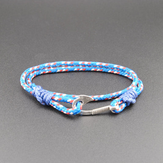 The Kahuna - Blue/White/Red 1/8 inch Rope Double Wrap Bracelet with Hook Closure