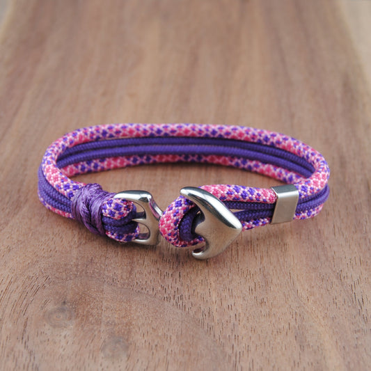 The Local Mermaid Stripe- Pink & Purple Diamond and Purple Paracord Bracelet with Stainless Anchor Clasp