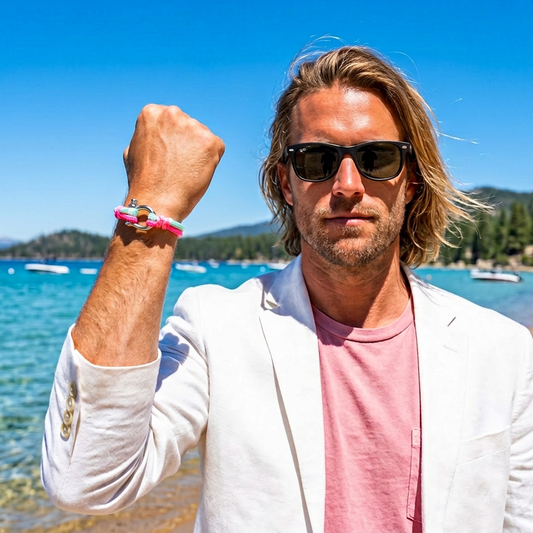 The Crockett - Miami Vice Pink and Mint Paracord Bracelet with Polished Stainless D-Shackle w/ Crown