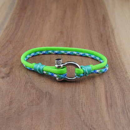 The Moray on the Reef - Blue, Green, and White with Neon Green Paracord Bracelet with Polished Stainless D-Shackle w/ Crown
