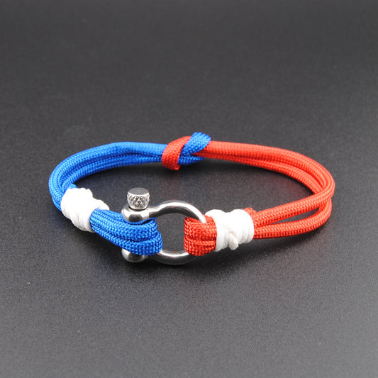 The Patriot Double Interlock - Red and Blue Paracord interlocked Bracelet with Polished D-Shackle w/ Crown