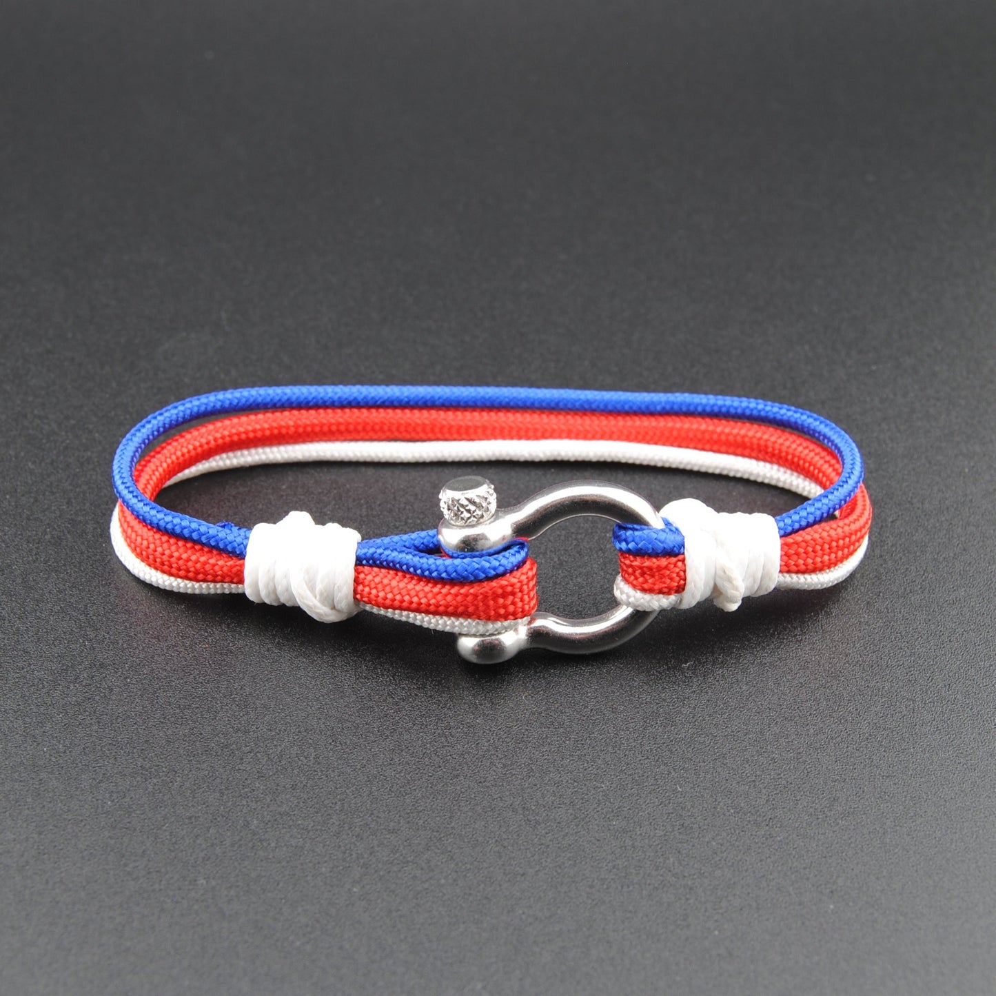 The Patriot Triple Stripies - White, Red, and Blue Paracord stripe Bracelet with Polished Stainless D-Shackle w/ Crown