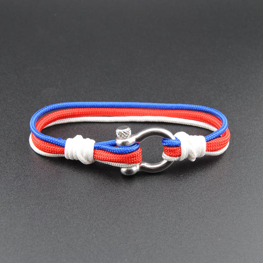 The Patriot Triple Stripies - White, Red, and Blue Paracord stripe Bracelet with Polished Stainless D-Shackle w/ Crown