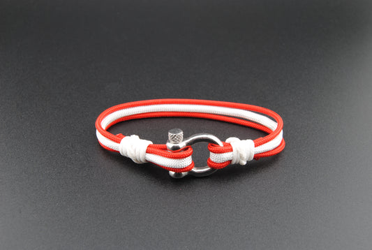 The Peppermint - Red and White Paracord Bracelet with Polished Stainless D-Shackle w/ Crown