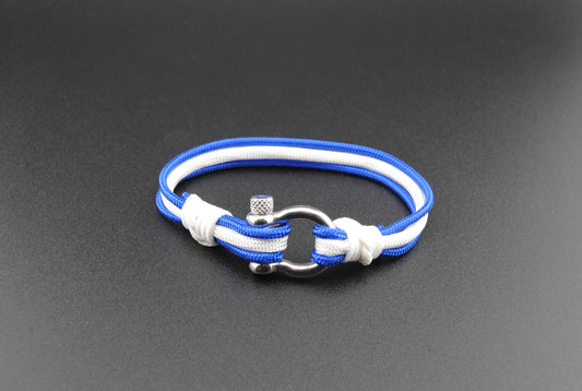 The Shelby - Blue and White Paracord Bracelet with Polished Stainless D-Shackle w/ Crown