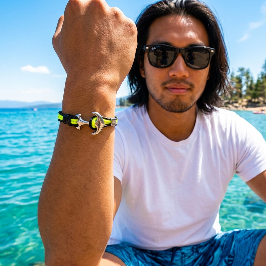 Man wearing sunglasses and a bracelet with a scenic beach background