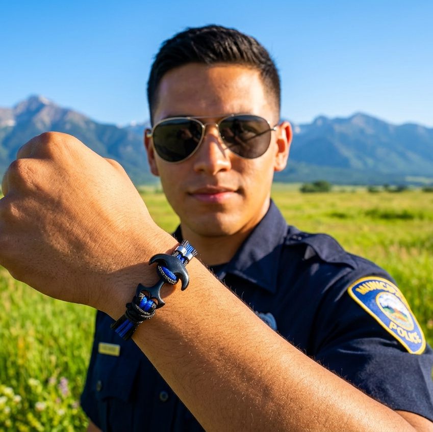 Man in a police uniform with sunglasses and a badge, standing in a field with mountains in the background