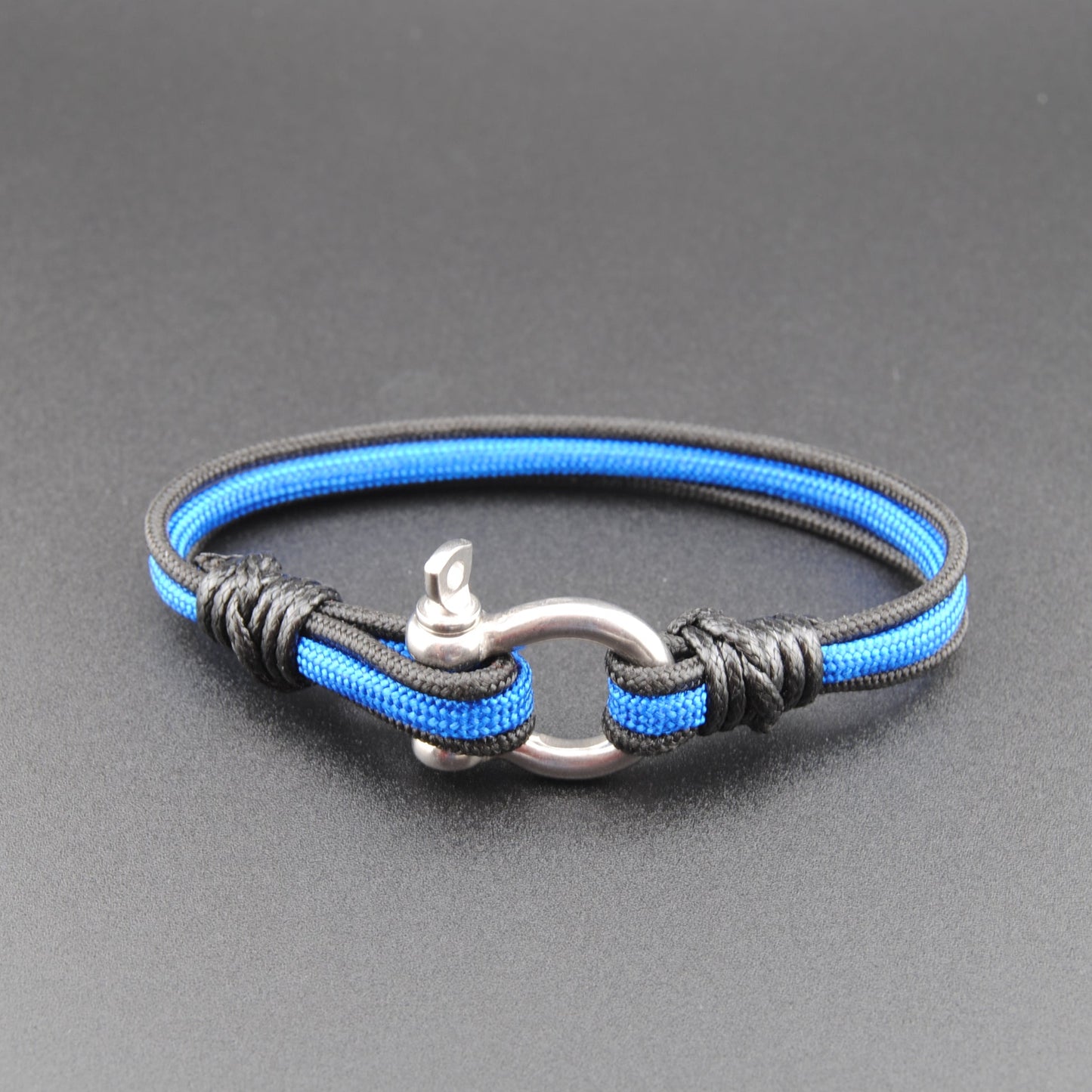 The Thin Blue Line (Police) - Black, Blue, and Black Paracord Bracelet. Stainless D-Shackle