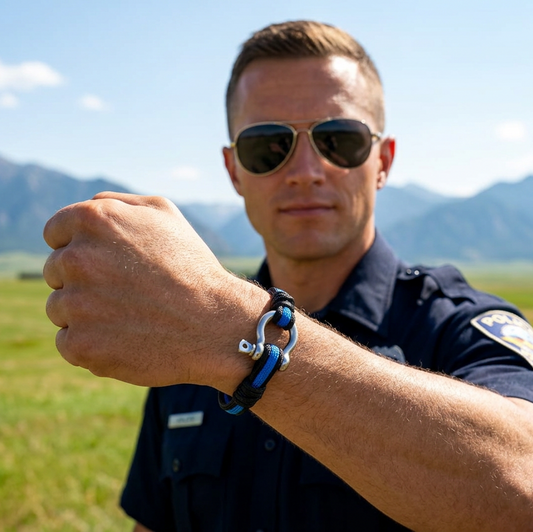 Man in a police uniform with mountains in the background