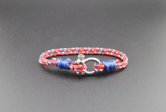 The Toby Keith - Red/White/Blue 1/8 inch Rope Bracelet with Polished Stainless D-Shackle w/ Crown