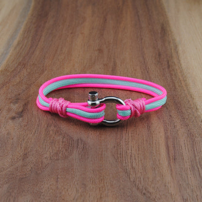 The Tubbs - Miami Vice Pink and Mint Paracord Bracelet with Polished Stainless D-Shackle w/ Crown