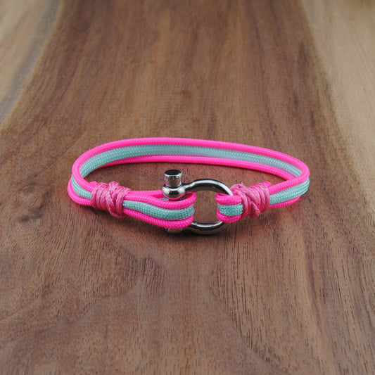 The Tubbs - Miami Vice Pink and Mint Paracord Bracelet with Polished Stainless D-Shackle w/ Crown