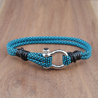 The Teal Diamonds - Black with Teal Diamond Paracord Bracelet with Polished Stainless D-Shackle w/ Crown