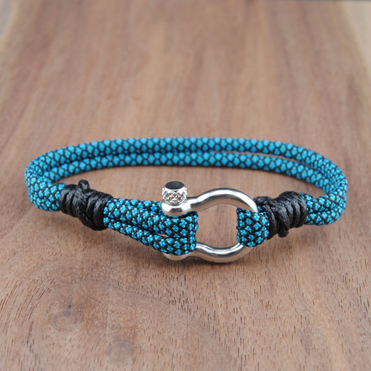 The Teal Diamonds - Black with Teal Diamond Paracord Bracelet with Polished Stainless D-Shackle w/ Crown