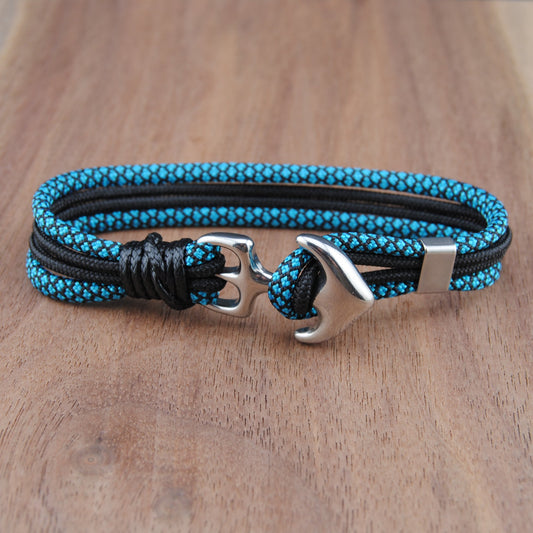 The Teal Diamond Stripe Anchor- Black and Teal Diamond Paracord Bracelet with Stainless Anchor Clasp