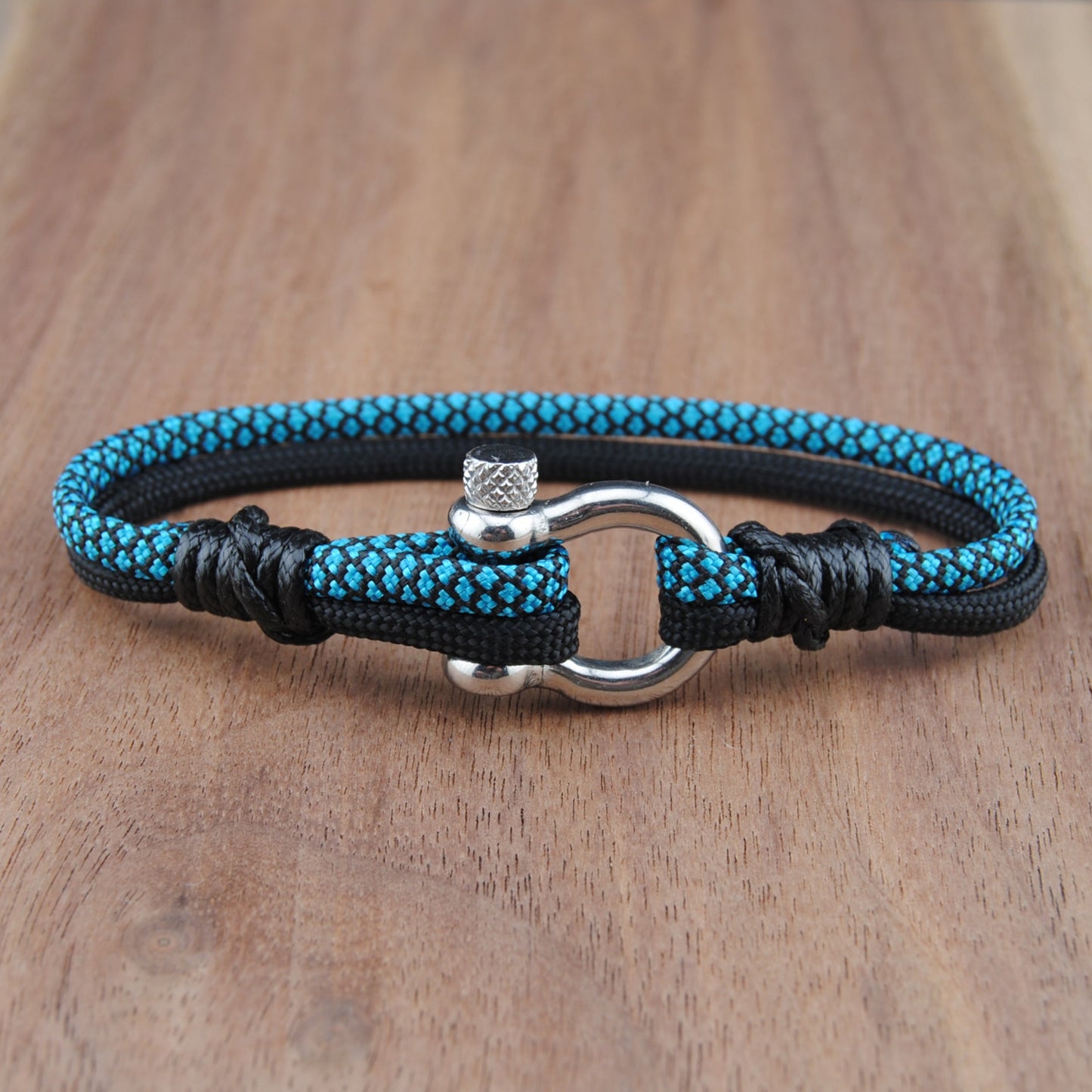 The Teal Diamonds Stripe - Black with Teal Diamond and Black Paracord Bracelet with Polished Stainless D-Shackle w/ Crown