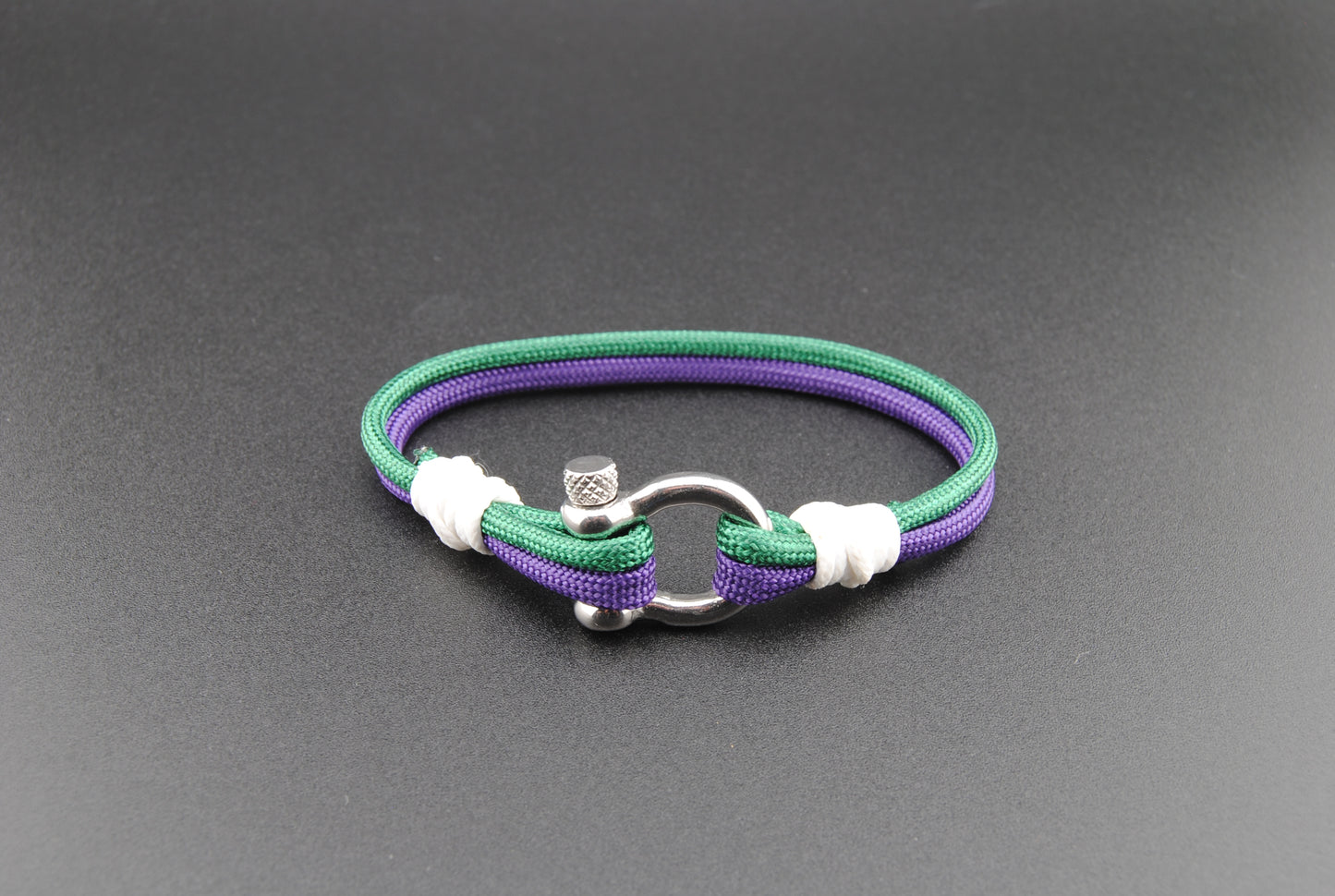 The Wimbledon - Purple and Green Paracord Bracelet with Polished Stainless D-Shackle w/ Crown